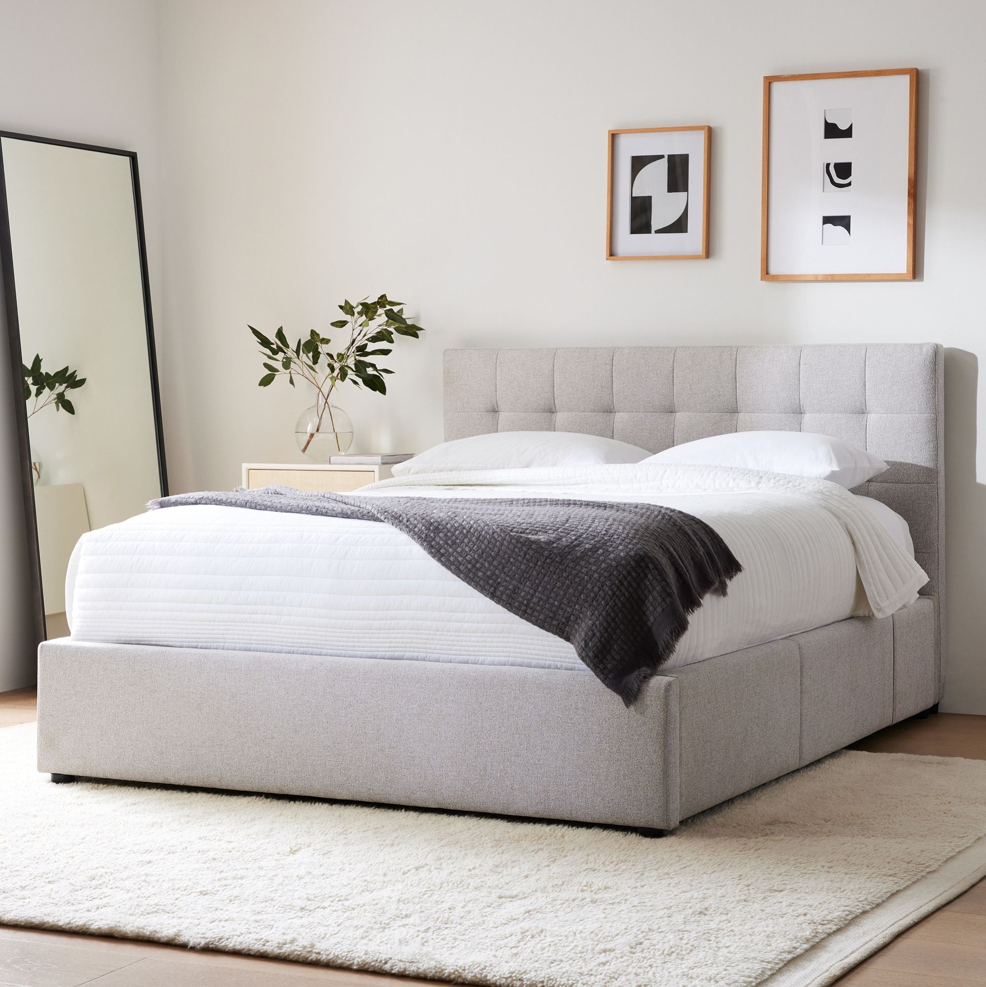 Emmett Grid Tufted Storage Bed, King, Chenille Tweed, Frost Gray, No-Show - Image 0