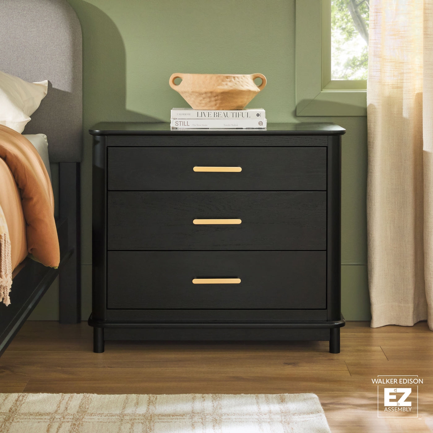 Contemporary Solid Wood 3-Drawer Nightstand with Ultra-Easy Drawer Assembly - Black - Image 1