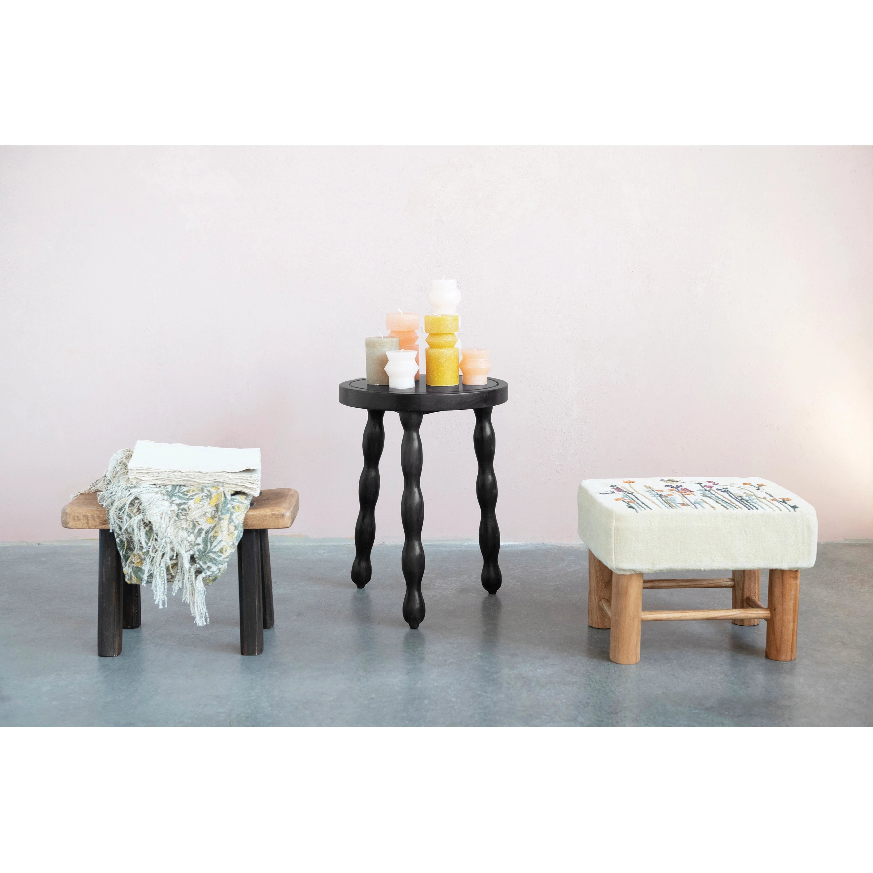 Cotton Upholstered Stool with Floral Embroidery and Pine Wood Legs, Natural - Image 1