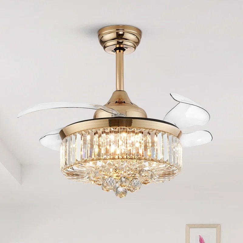 Presnell Gold Dimmable Crystal Ceiling Fan with LED Lights - Image 0