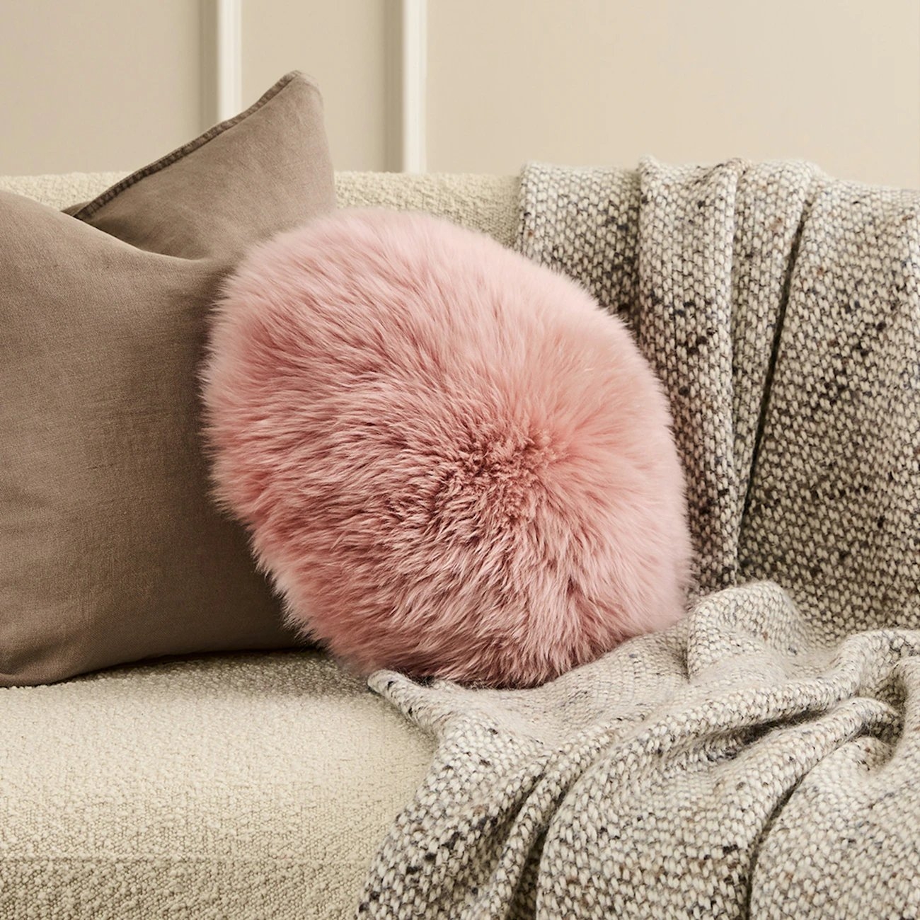 Lanna Round Sheepskin Pillow - Pink - Image 1