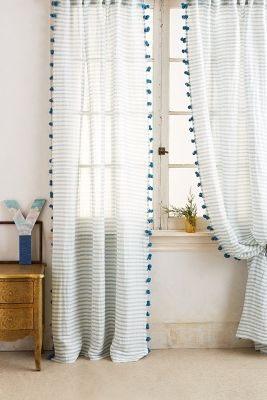 Pom Tassel Curtain - Light Blue, 84"L - Image 0