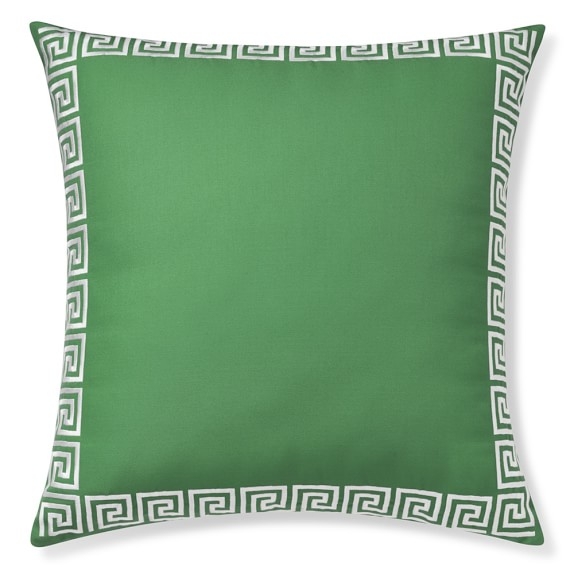 Outdoor Greek Key Embroidered Pillow, Emerald - 22" sq. - polyfill - Image 0