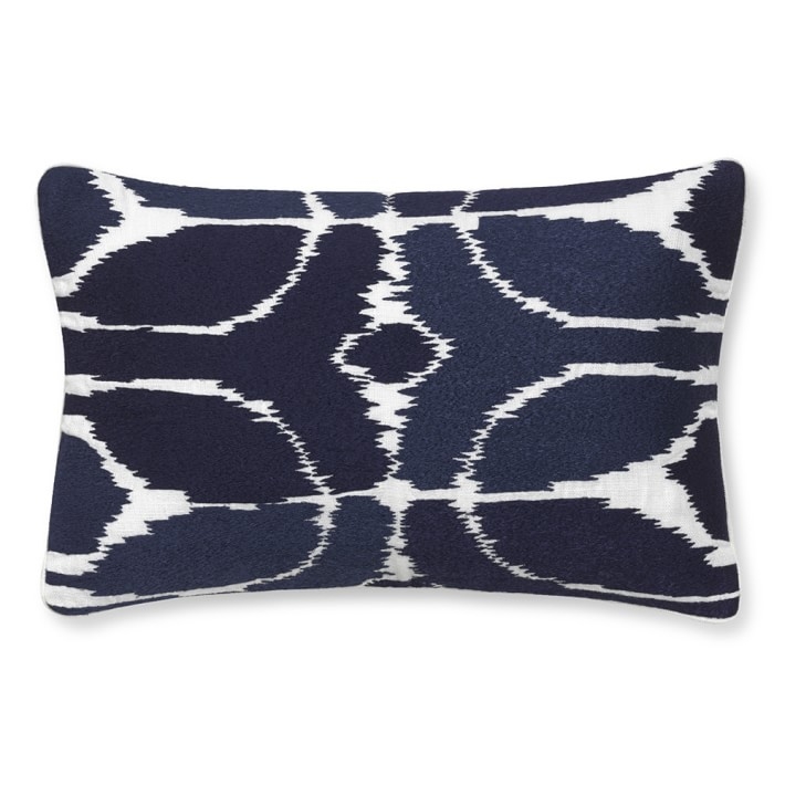 Embroidered Ikat Pillow Cover, Navy- 14" x 22"- Insert sold separately - Image 0