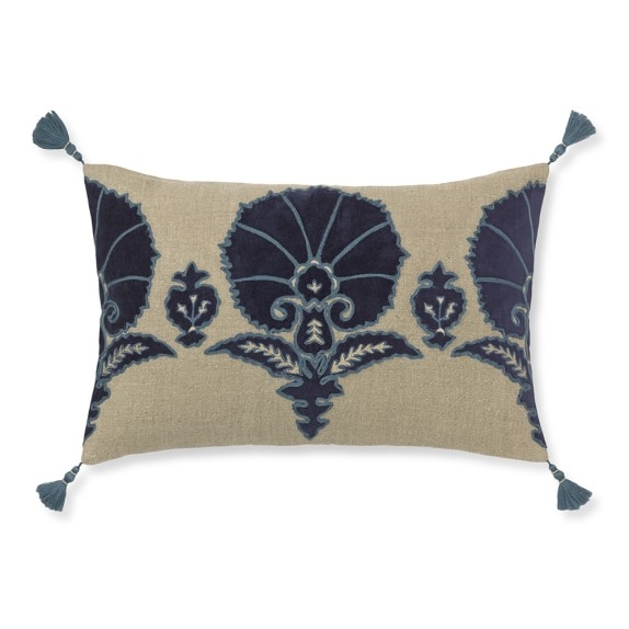 Ottoman Floral Velvet Applique Pillow Cover - 14x22, Blue - No Insert - Image 0