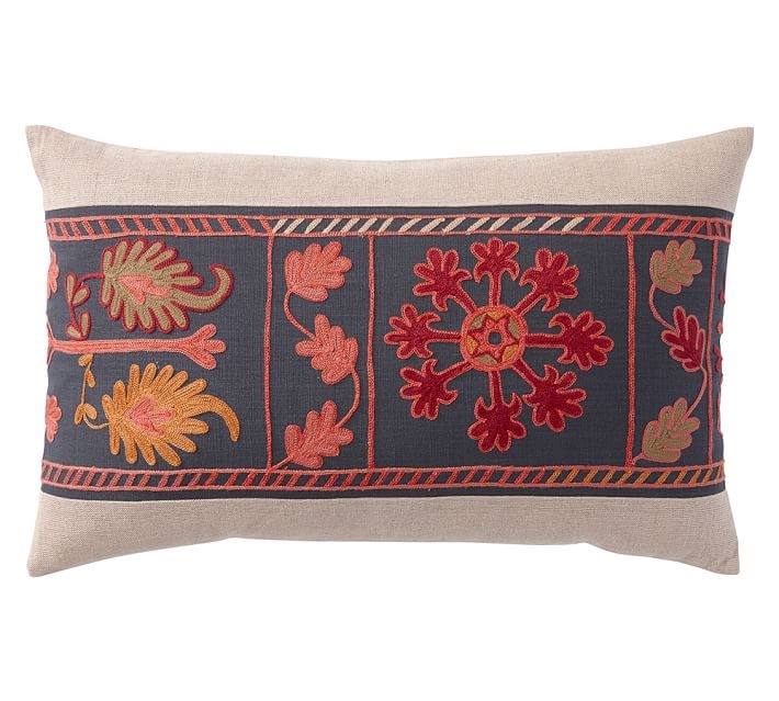 PIECED FLORAL EMBROIDERED 16" x 26" LUMBAR PILLOW COVER -  insert sold separately. - Image 0