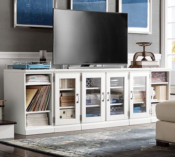 PRINTER'S GLASS DOOR & BOOKCASE TV STAND, LARGE, TUSCAN CHESTNUT STAIN - Image 0