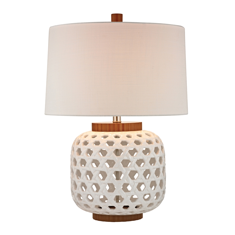 Woven Ceramic Table Lamp In White And Wood Tone - Image 0