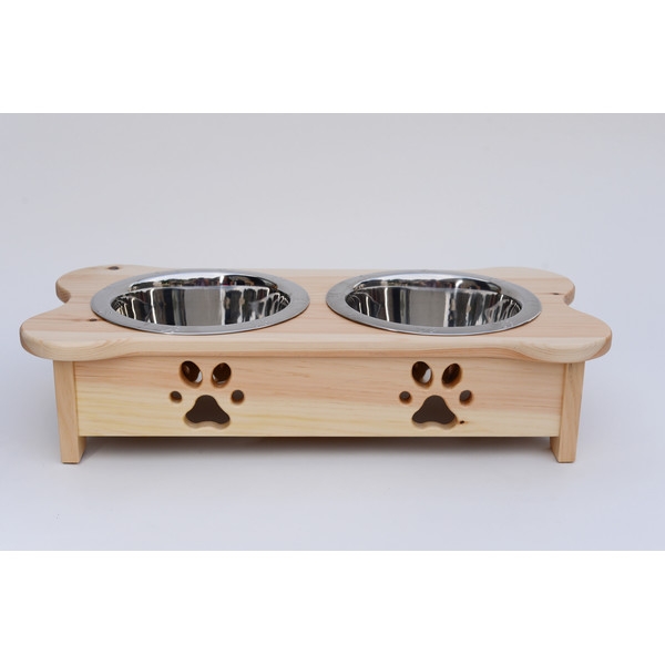 Carved Paws Double Bowl Elevated Feeder-Natural - Image 0