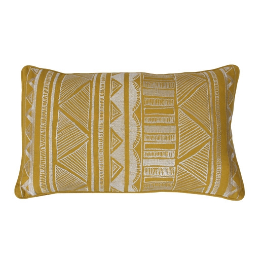 Tracey Embroidered Tribal Sketch Lumbar Pillow-Lemon Curry -12" H x 20" W x 1" D-Feather fill insert - Image 0