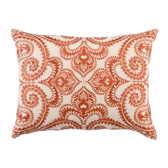 Embroidered Amalfi Linen Lumbar Pillow- 14" H x 20" W x 5" D- Persimmon-  Down/Feather fill insert - Image 0