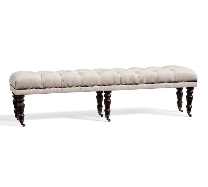 RALEIGH UPHOLSTERED KING BENCH TUFTED TURNED MAHOGANY LEG WITH  LINEN OATMEAL - Image 0