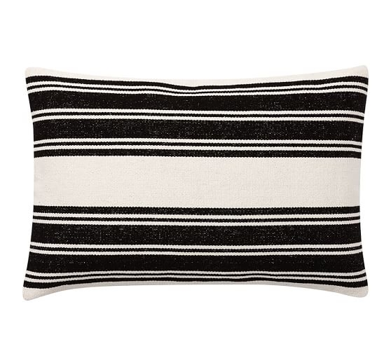 Awning Stripe Dhurrie Lumbar Pillow Cover, Black - 20" x 30" - Without insert - Image 0