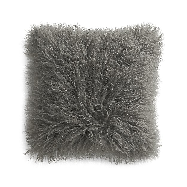 Pelliccia Mongolian Lamb Fur Pillow - 16x16, Grey, Feather Insert - Image 0