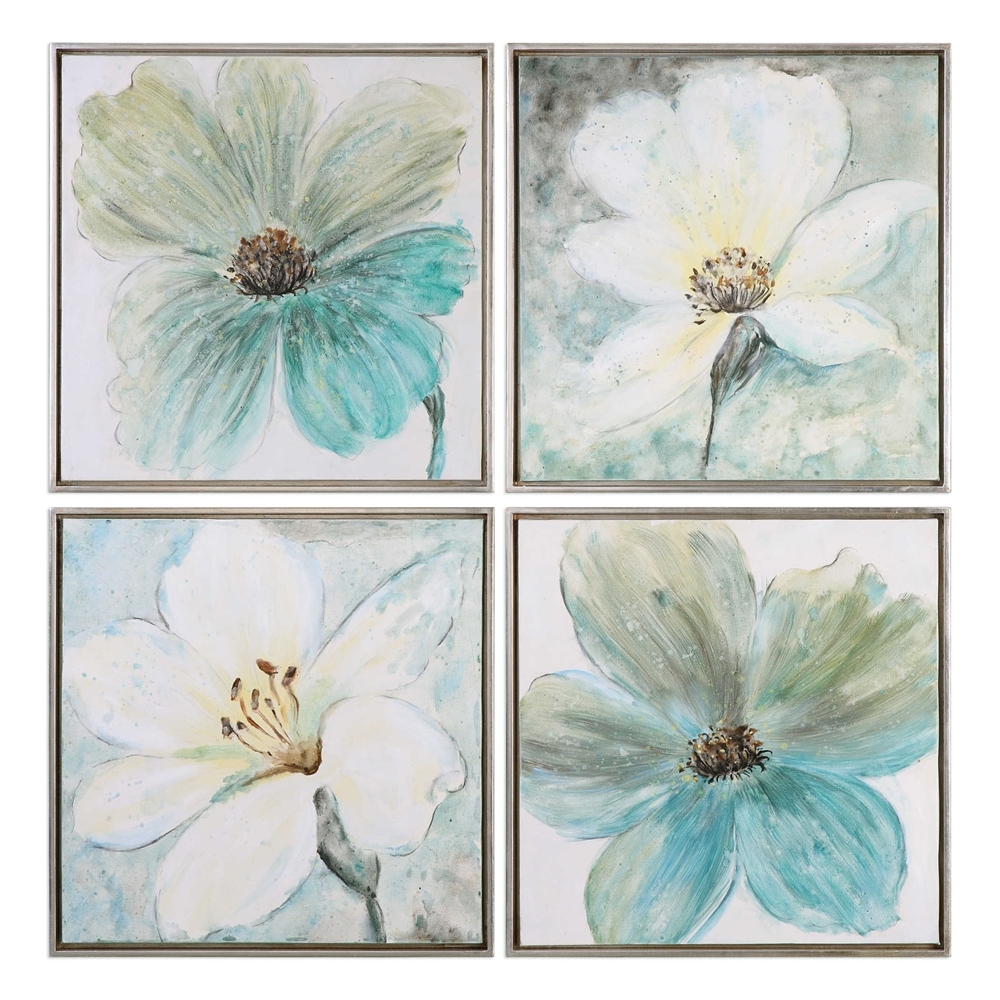 Florals In Cream and Teal, S/4 21 W X 21 H X 2 D Framed - Image 0