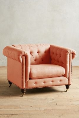 Belgian Linen Lyre Chesterfield Armchair, Hickory - Apricot - Image 0