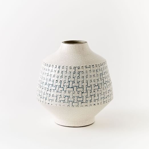 Basketweave Ceramic Short Vase - Short, Blue - Image 0
