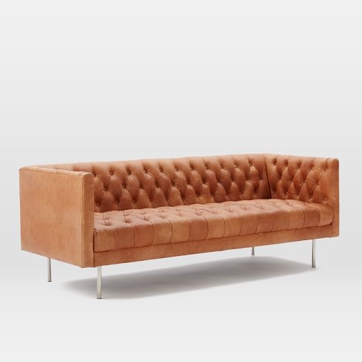 Modern Chesterfield 79"Sofa, Leather, Sienna, Silver Legs - Image 0