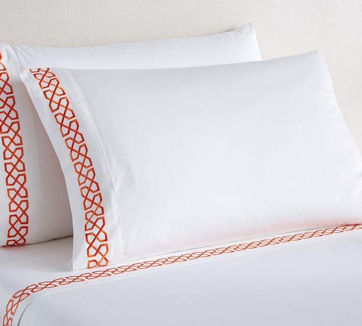 Avery Embroidered Organic Sateen Sheet Set - King, Clementine - Image 0