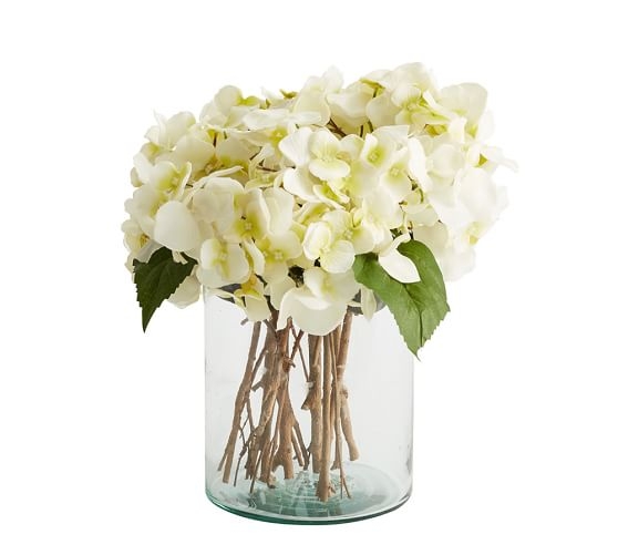White Hydrangea Arrangement in Clear Glass Vase - Image 0