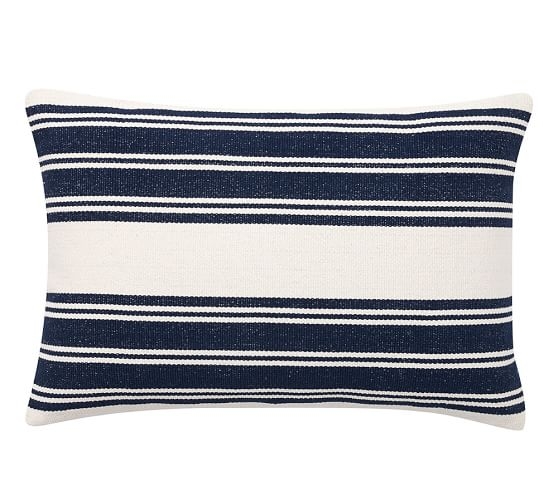 Awning Stripe Dhurrie Lumbar Pillow Cover - 20x30, Navy, No Insert - Image 0