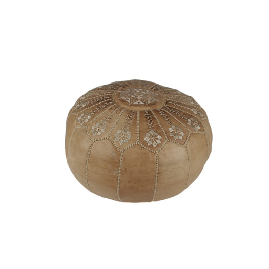 Moroccan Leather Embroidered Pouf Ottoman  - Natural - Image 0