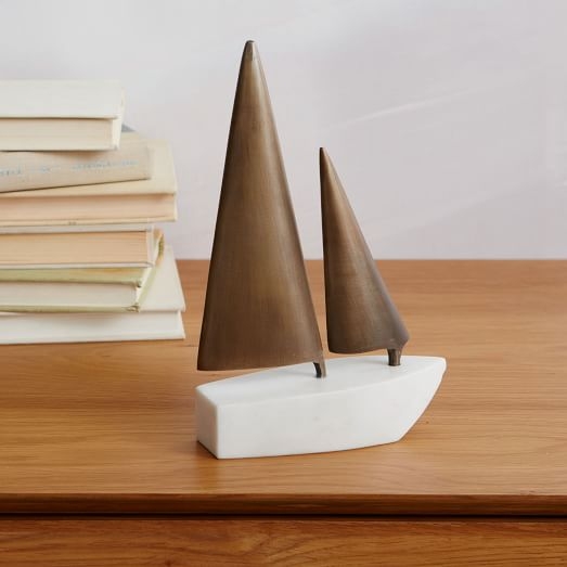 Sailboat Object - White Marble/Antique Brass - Image 0