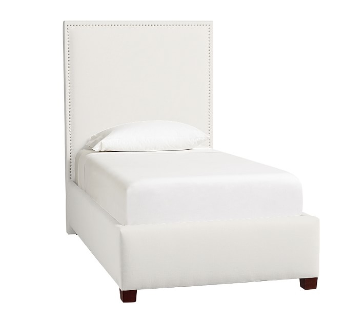 Rowan Twin Upholstered Bed, Pewter Nailheads, White Linen Blend - Image 0