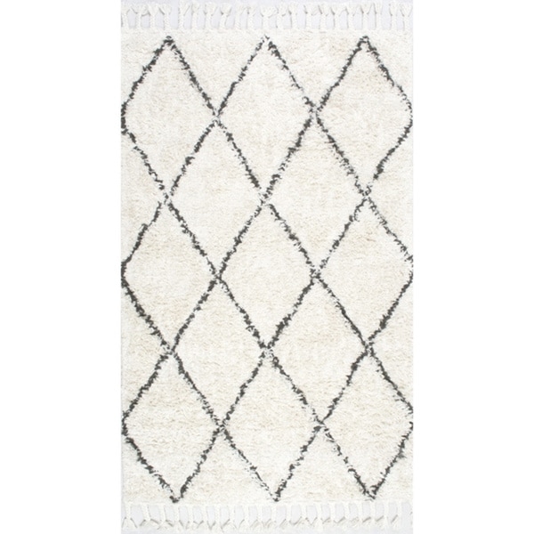 Hand-knotted Moroccan Trellis Natural Shag Wool Rug - 8' x 10' - Image 0