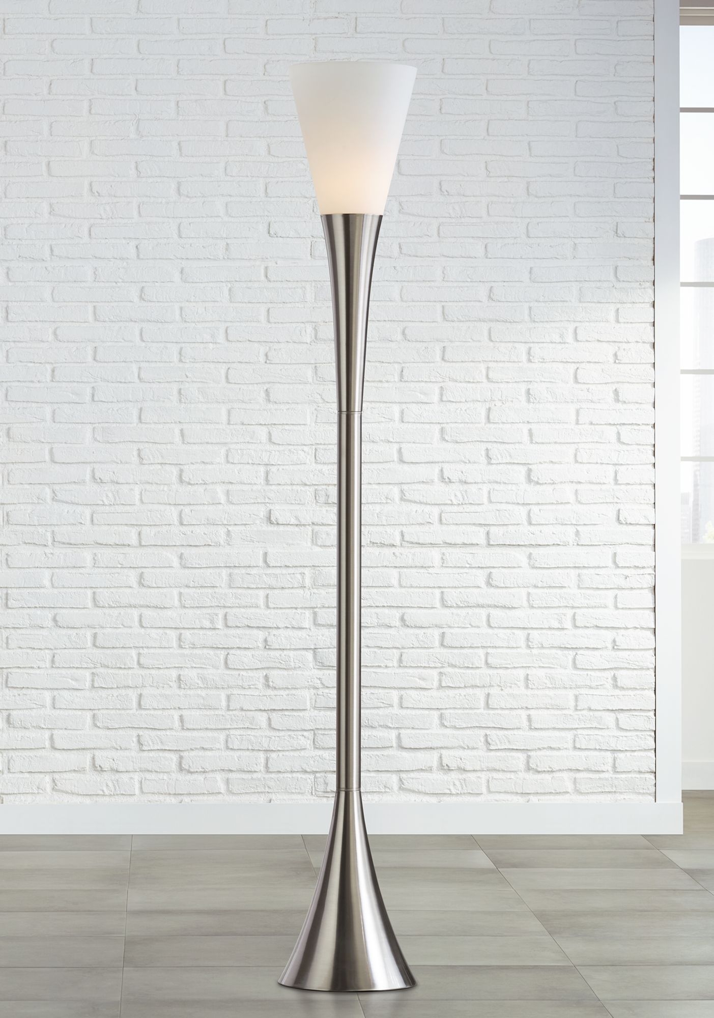 Possini Euro Piazza Brushed Nickel Torchiere Floor Lamp - Image 0