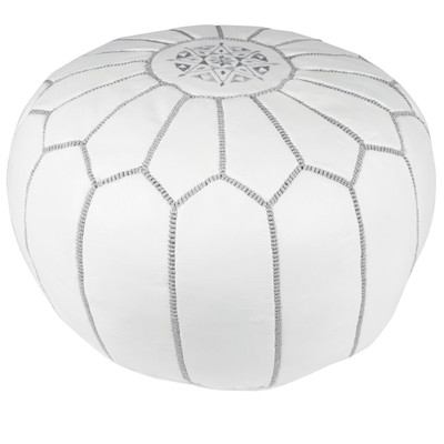 Moroccan Embroidered Pouf Ottoman - Grey on White - Image 0