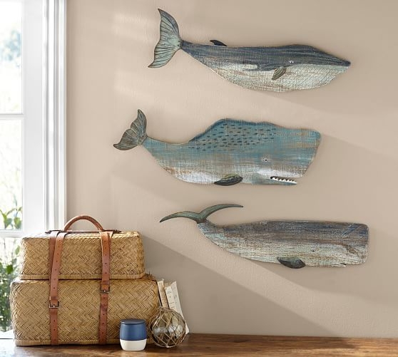 Painted Wood Whales Wall Art Set - Image 0