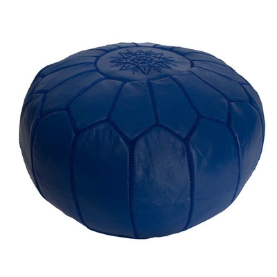 Leather Embroidered Ottoman-Blue - Image 0