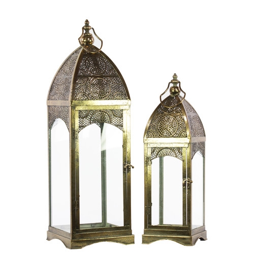 Metal Lantern with Ring Hanger, Glass Sides and Square Base Set of Two - Image 0