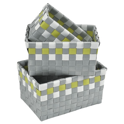 3 Piece Checkered Woven Basket Set - Green and Gray - Image 0