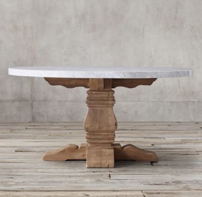SALVAGED WOOD & MARBLE TRESTLE ROUND DINING TABLE - Image 0