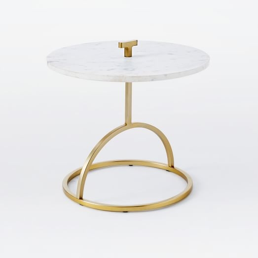 Modernist Handle Side Table, White Marble/Antique Brass - Image 0