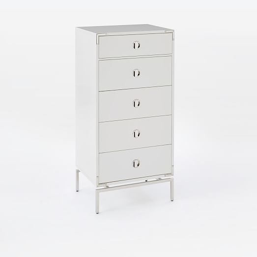 Malone Campaign 5-Drawer Tall Dresser â€“ White Lacquer - Image 0