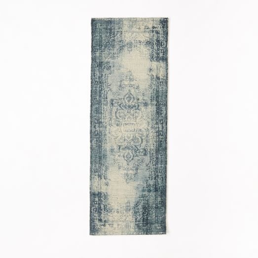Distressed Arabesque Wool Rug - Midnight - 2.5'x7' - Image 0