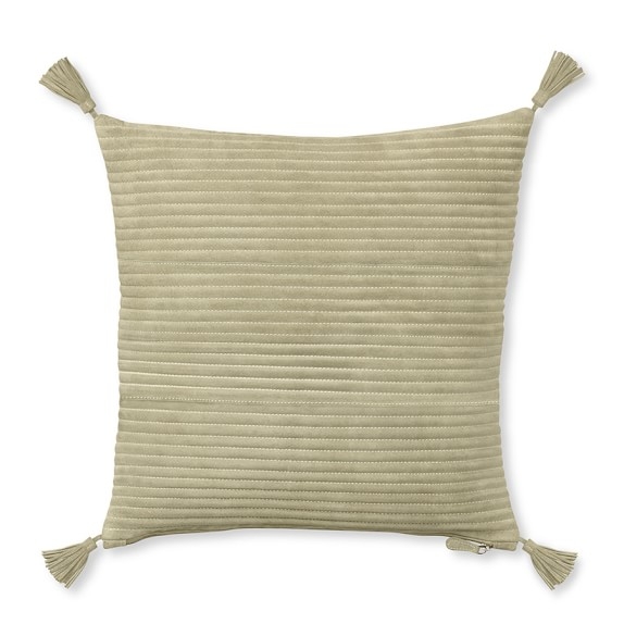 Suede Quilted Pillow Cover with Tassels, Beige - 20" sq. - Insert sold separately - Image 0