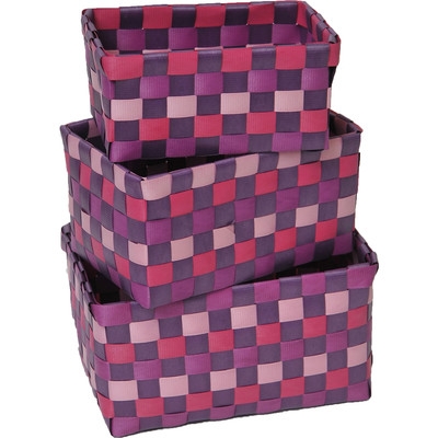 3 Piece Checkered Woven Basket Set - Fuchsia - Image 0