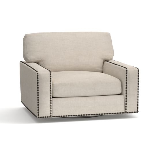 Turner Square Arm Upholstered Swivel Armchair with Nailheads - Textured Twill, Oatmeal - Image 0