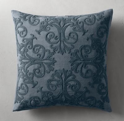 SCROLL SOUTACHE LINEN PILLOW COVER - SQUARE - French Blue - Image 0