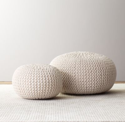 Knit cotton round pouf - Natural, Large - Image 0