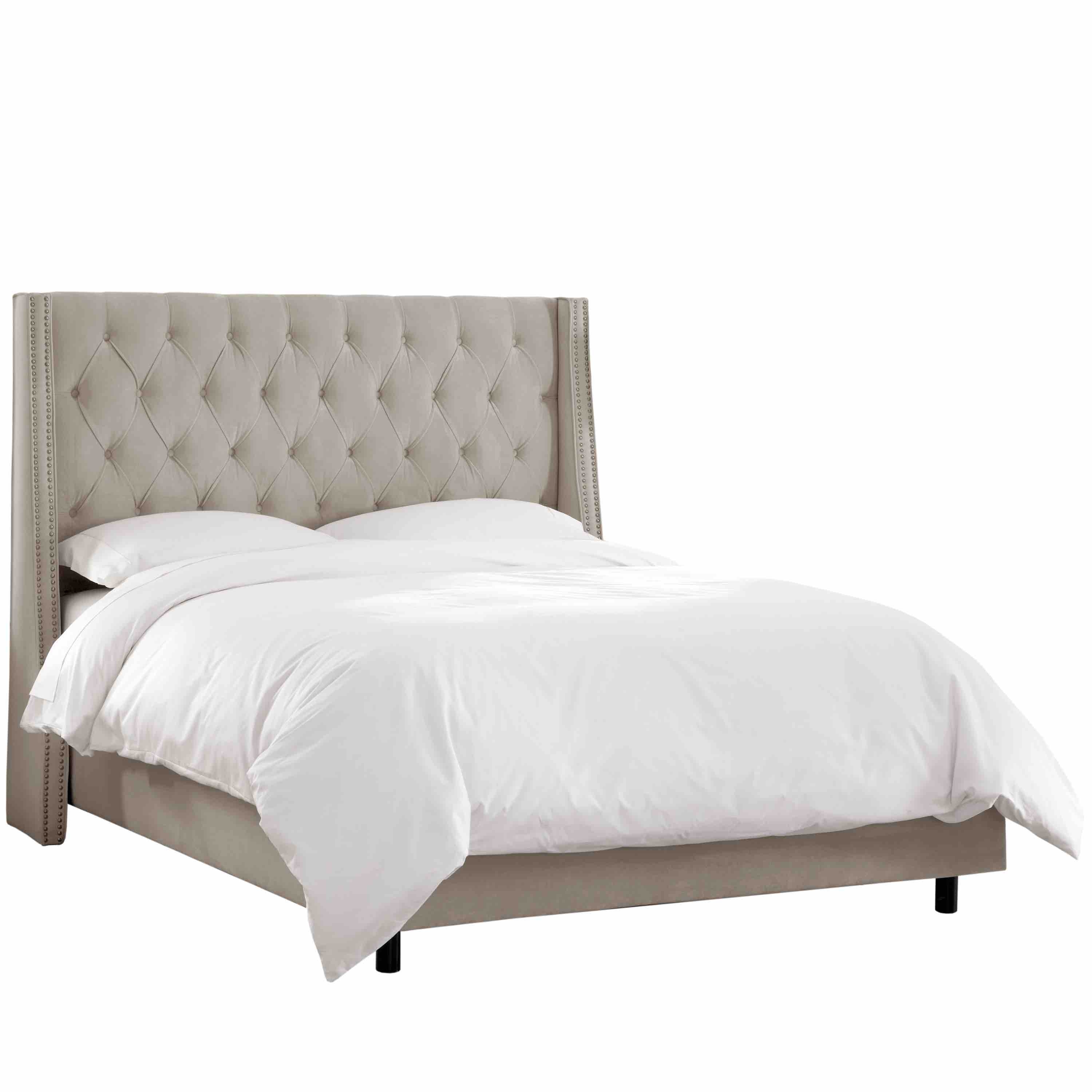 King Nail Button Tufted Wingback Bed in Velvet Light Grey - Image 0