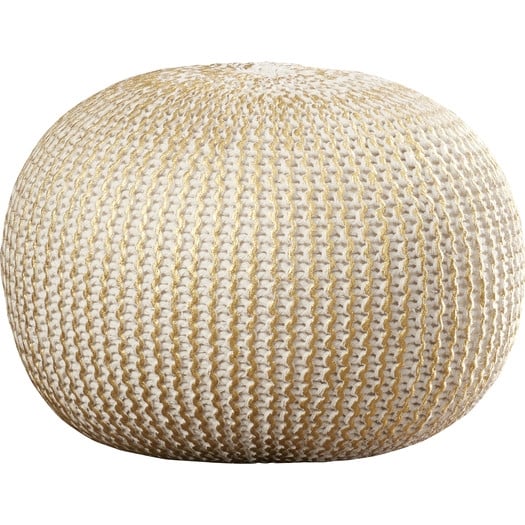 Hand Knitted Modern Pouf Ottoman - Bone with Gold Foil - Image 0