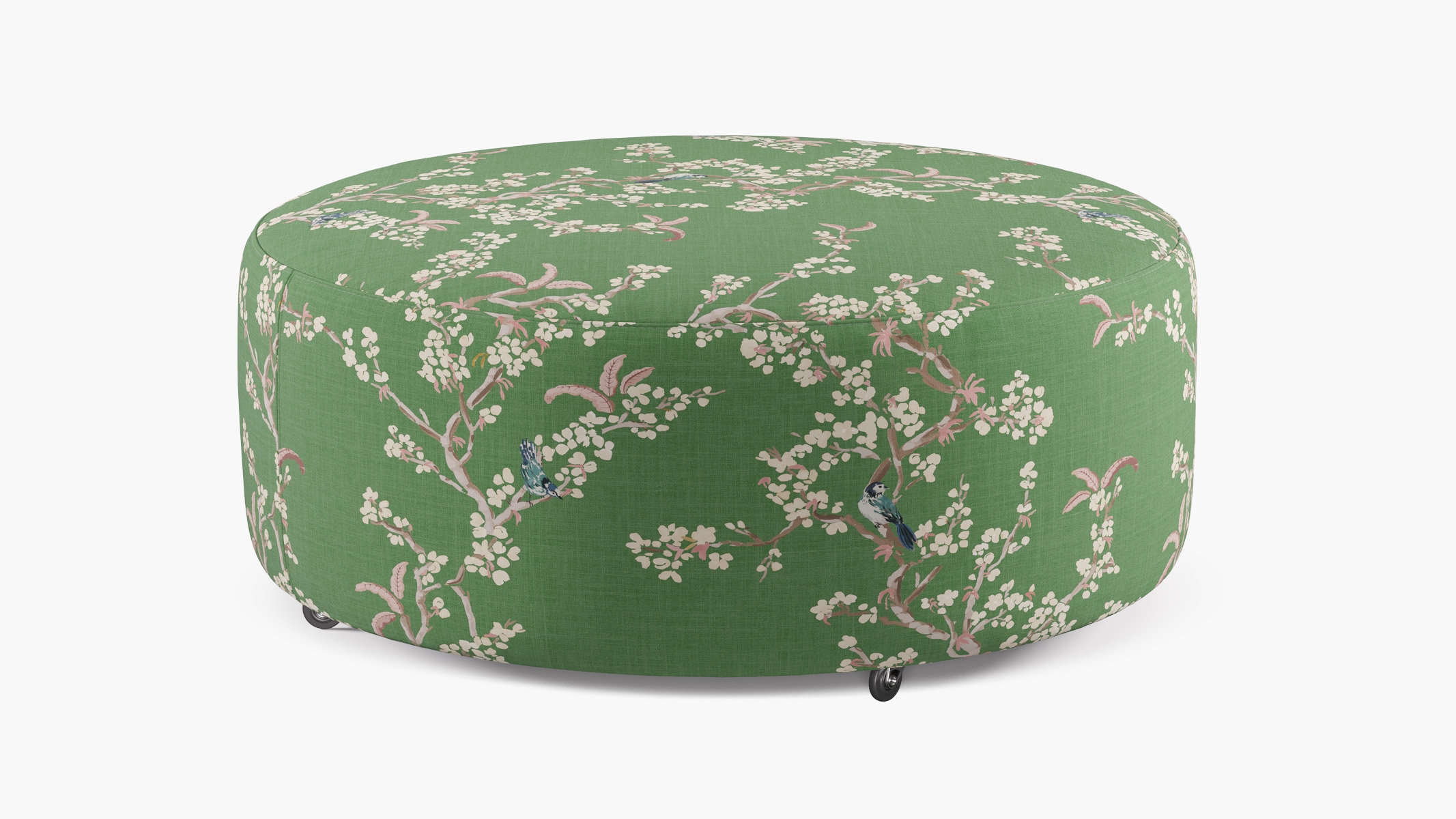 Round Cocktail Ottoman, Jade Cherry Blossom - Image 0