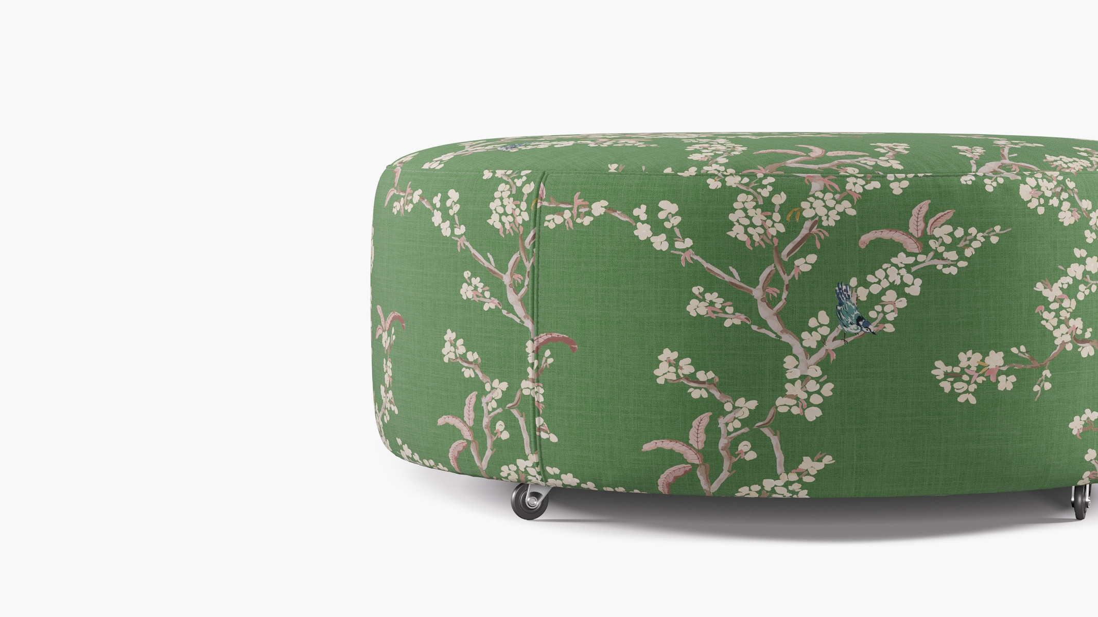 Round Cocktail Ottoman, Jade Cherry Blossom - Image 1