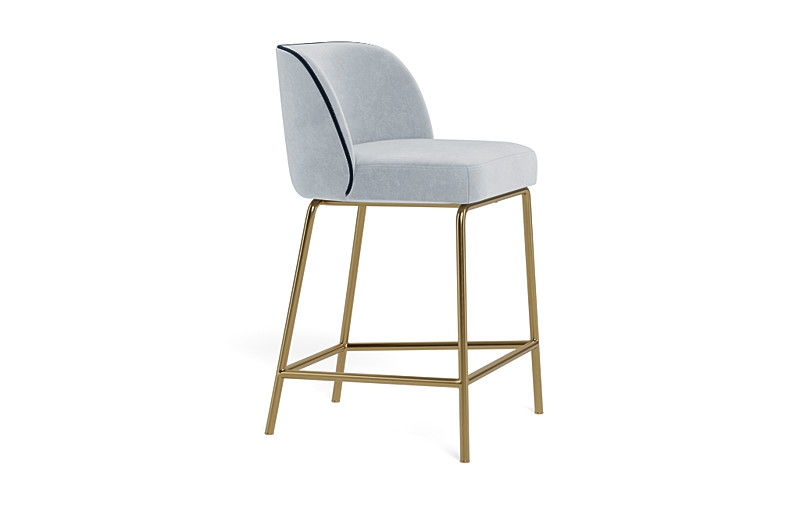Graham Metal Framed Upholstered Counter Stool with Contrast Piping - Sterling/Navy - Brass Leg - Image 3