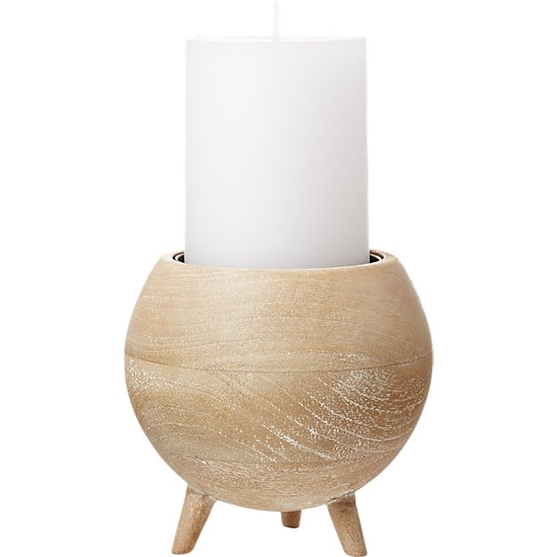 RUSSELL SPHERE WHITE WASH WOOD PILLAR CANDLE HOLDER - Image 0